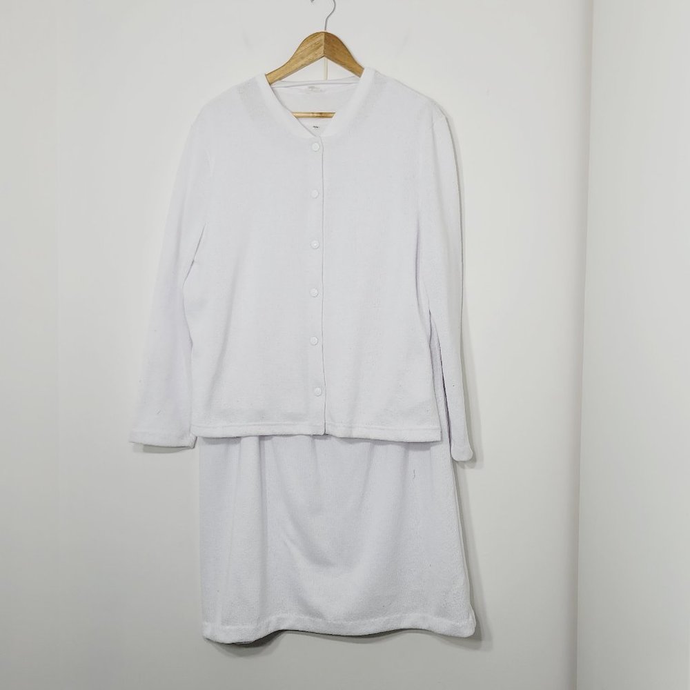 Vintage Womens 3 Piece Knit Sweater Skirt Set White Preppy Cardigan Lined Slip